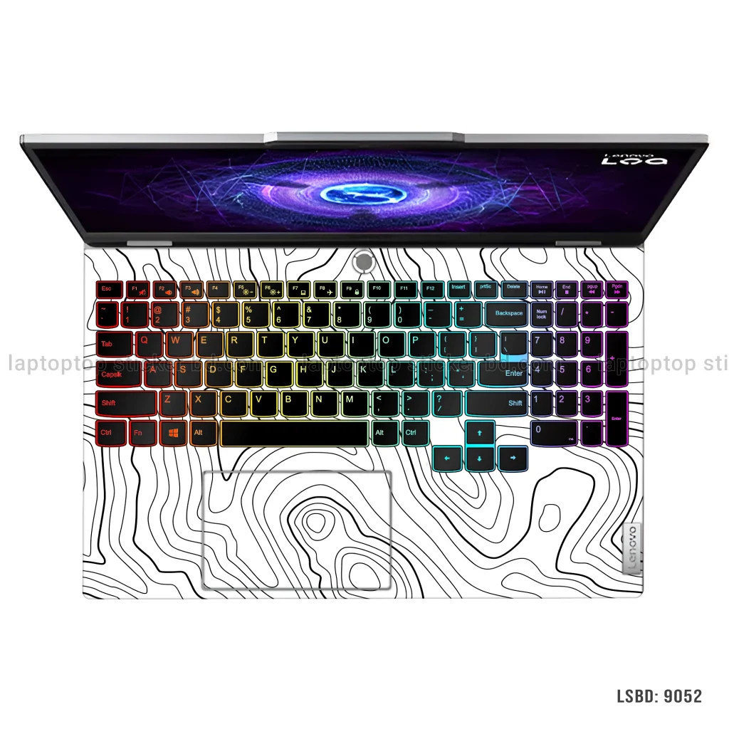 Minimalist black and white topographic line art laptop skin with contour map design - Model LSBD 9052