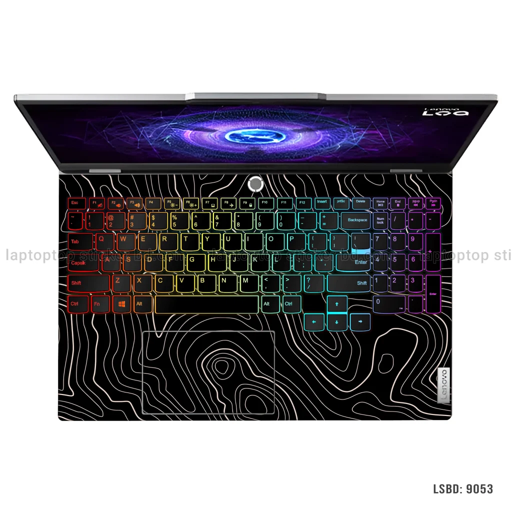 Black topographic line art laptop skin with contour map design – Model LSBD 9053