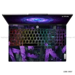 A vibrant purple and black abstract geometric design laptop skin sticker applied to the lid of an HP LOQ gaming laptop.