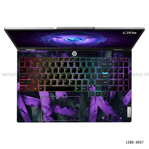A vibrant purple and black abstract geometric design laptop skin sticker applied to the lid of an HP LOQ gaming laptop.