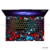 A vibrant red and blue doodle-style graffiti laptop skin sticker applied to the lid and palm rest of an open laptop.