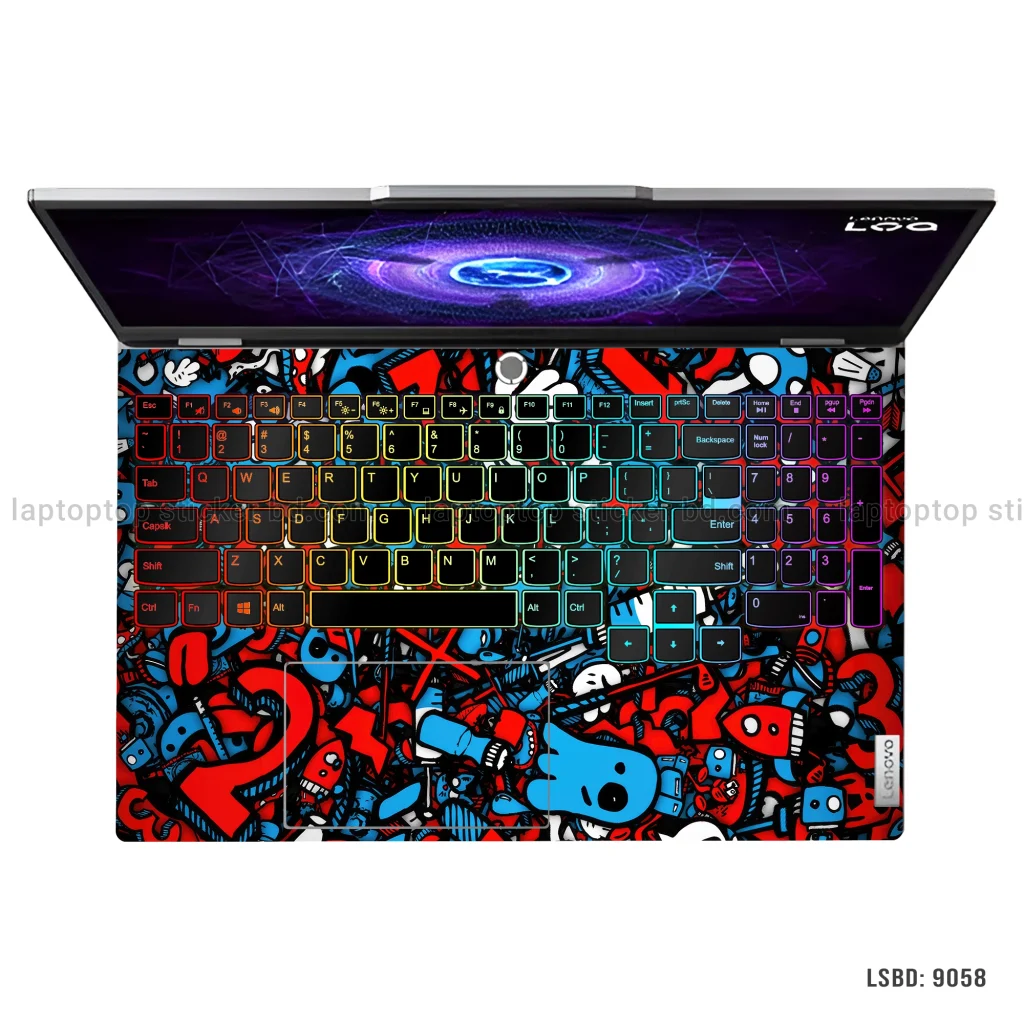 A vibrant red and blue doodle-style graffiti laptop skin sticker applied to the lid and palm rest of an open laptop.