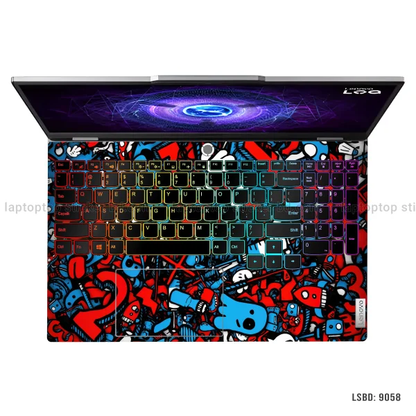 A vibrant red and blue doodle-style graffiti laptop skin sticker applied to the lid and palm rest of an open laptop.