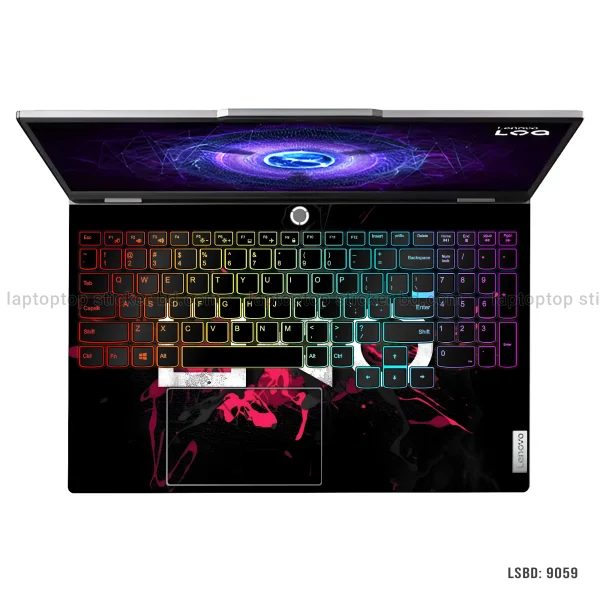 A black laptop skin featuring distressed white gaming symbols (square, triangle, circle) with vibrant pink paint splatters on the lid of an open laptop.