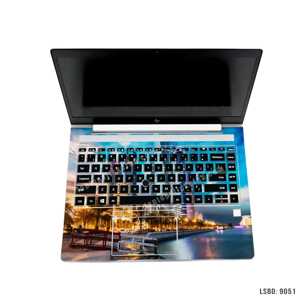 Laptop skin sticker featuring the Doha city skyline with modern skyscrapers, palm trees, and waterfront view - LSBD 9051