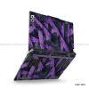 A vibrant purple and black abstract geometric design laptop skin sticker applied to the lid of an HP LOQ gaming laptop.