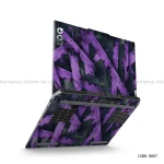 A vibrant purple and black abstract geometric design laptop skin sticker applied to the lid of an HP LOQ gaming laptop.