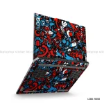 A vibrant red and blue doodle-style graffiti laptop skin sticker applied to the lid and palm rest of an open laptop.
