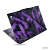 A vibrant purple and black abstract geometric design laptop skin sticker applied to the lid of an HP LOQ gaming laptop.