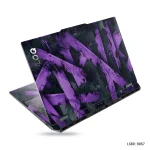 A vibrant purple and black abstract geometric design laptop skin sticker applied to the lid of an HP LOQ gaming laptop.