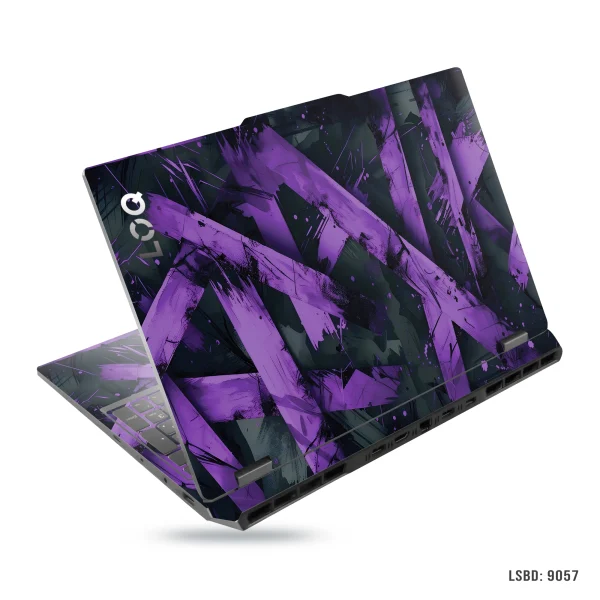 A vibrant purple and black abstract geometric design laptop skin sticker applied to the lid of an HP LOQ gaming laptop.