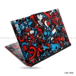 A vibrant red and blue doodle-style graffiti laptop skin sticker applied to the lid and palm rest of an open laptop.