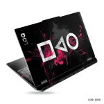 A black laptop skin featuring distressed white gaming symbols (square, triangle, circle) with vibrant pink paint splatters on the lid of an open laptop.
