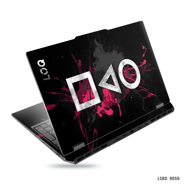 A black laptop skin featuring distressed white gaming symbols (square, triangle, circle) with vibrant pink paint splatters on the lid of an open laptop.