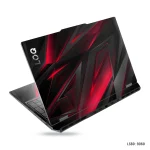 A striking red and black geometric abstract design laptop skin covering the top and bottom of an open laptop.