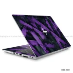 A vibrant purple and black abstract geometric design laptop skin sticker applied to the lid of an HP LOQ gaming laptop.