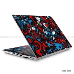 A vibrant red and blue doodle-style graffiti laptop skin sticker applied to the lid and palm rest of an open laptop.