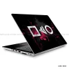 A black laptop skin featuring distressed white gaming symbols (square, triangle, circle) with vibrant pink paint splatters on the lid of an open laptop.
