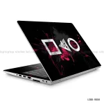 A black laptop skin featuring distressed white gaming symbols (square, triangle, circle) with vibrant pink paint splatters on the lid of an open laptop.