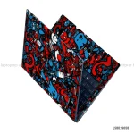 A vibrant red and blue doodle-style graffiti laptop skin sticker applied to the lid and palm rest of an open laptop.