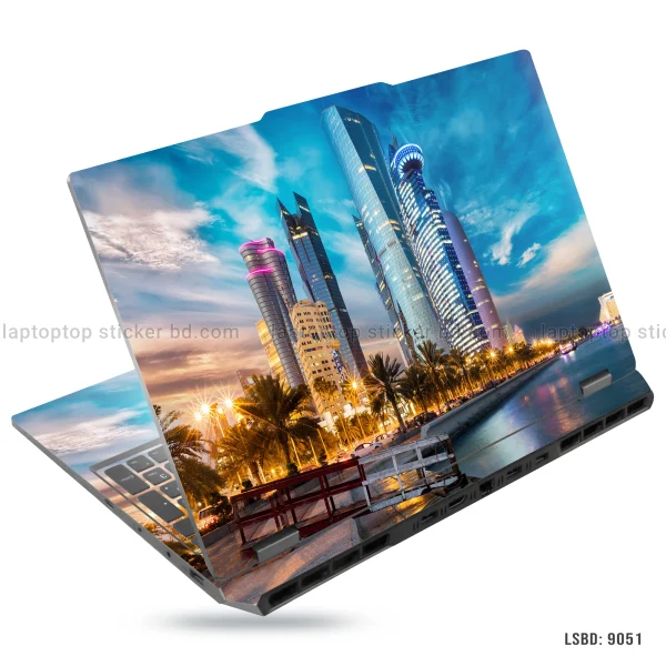 Laptop skin sticker featuring the Doha city skyline with modern skyscrapers, palm trees, and waterfront view - LSBD 9051