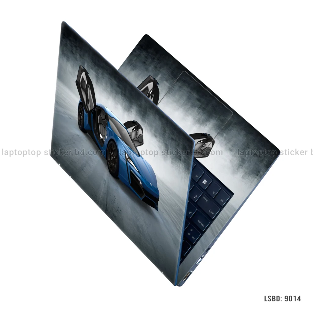 Blue W Motors Lykan HyperSport car laptop sticker with gullwing doors design