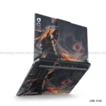 Dark knight with flames laptop sticker featuring intense battle-ready design