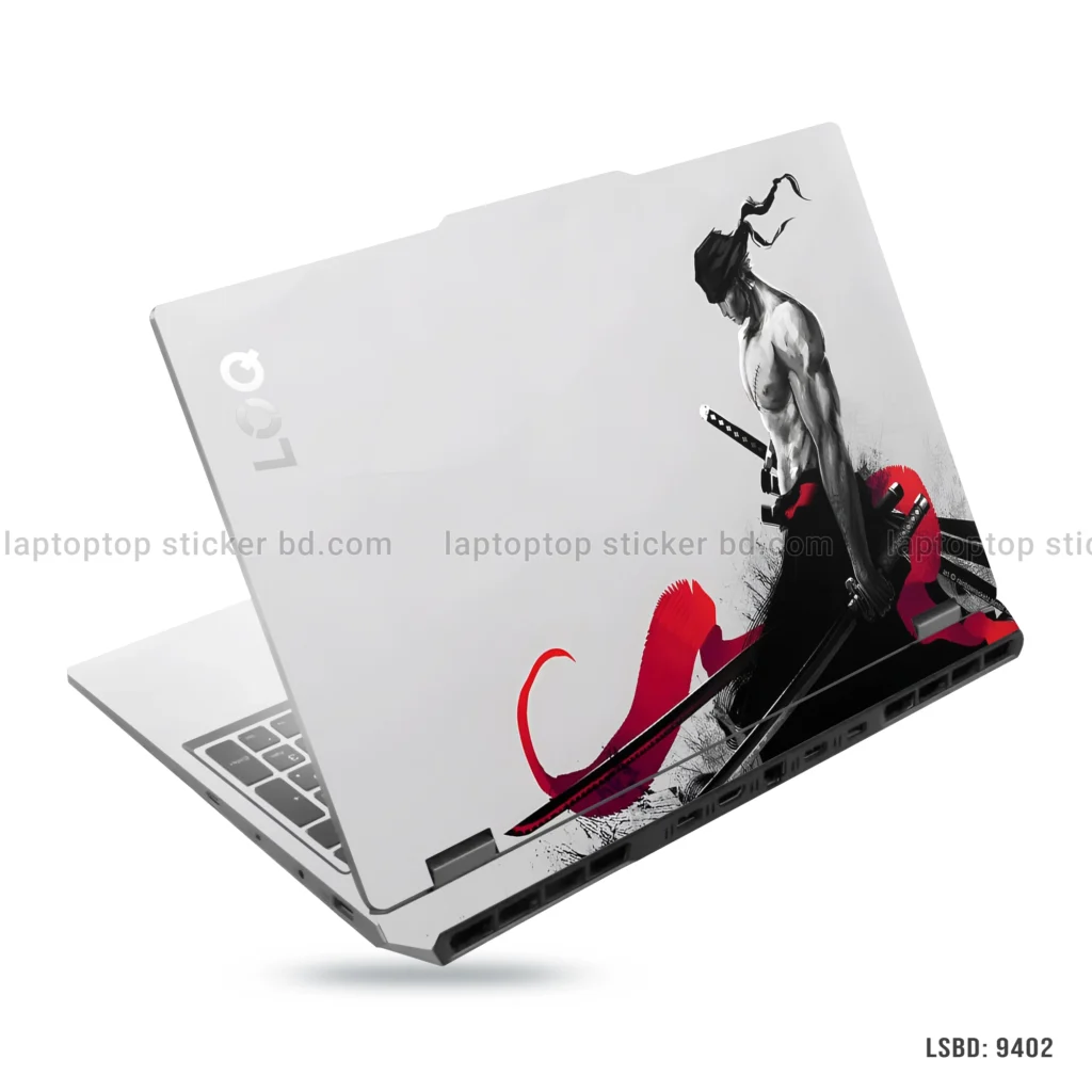 Samurai warrior laptop sticker with dynamic red and black design
