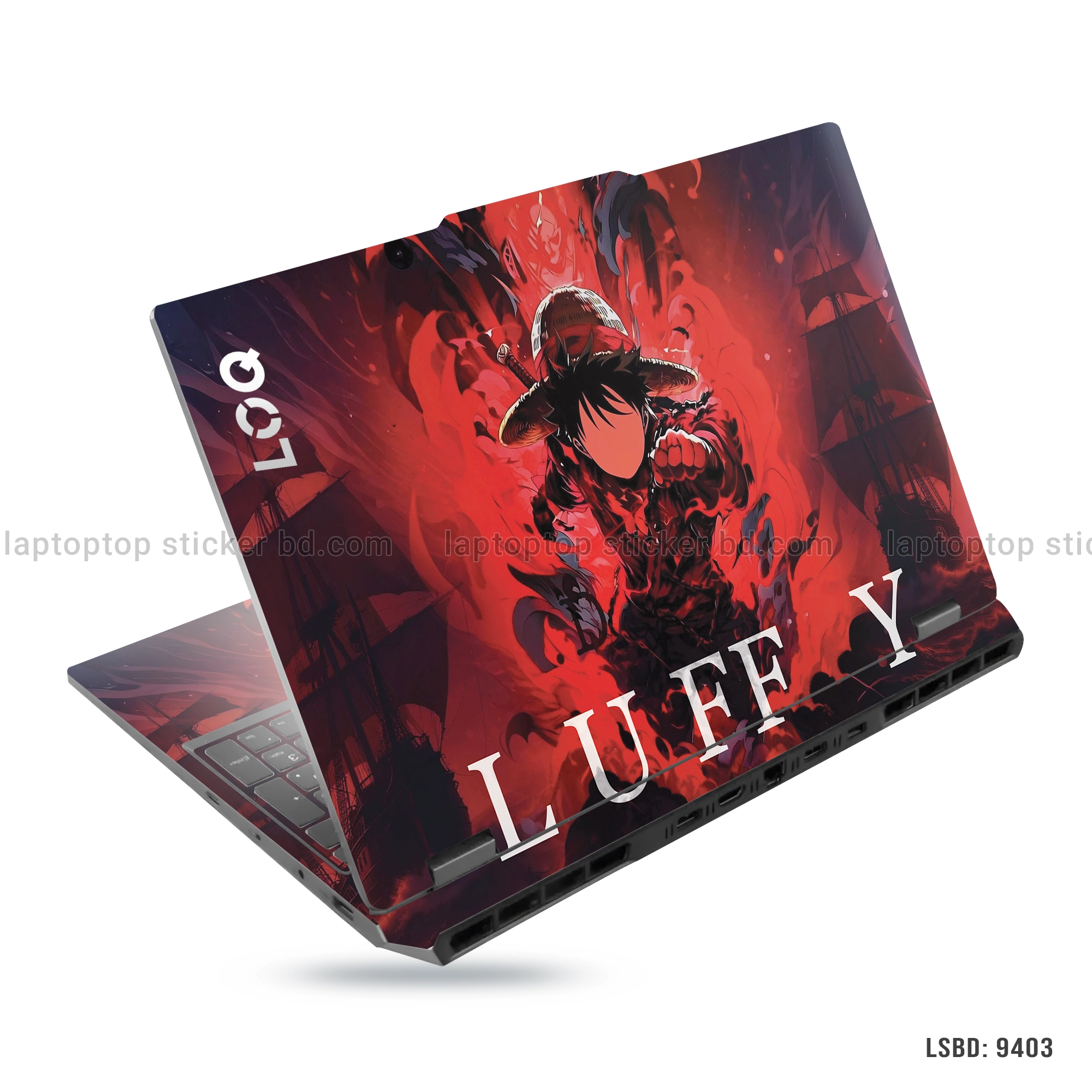 Luffy from One Piece laptop sticker with fiery design