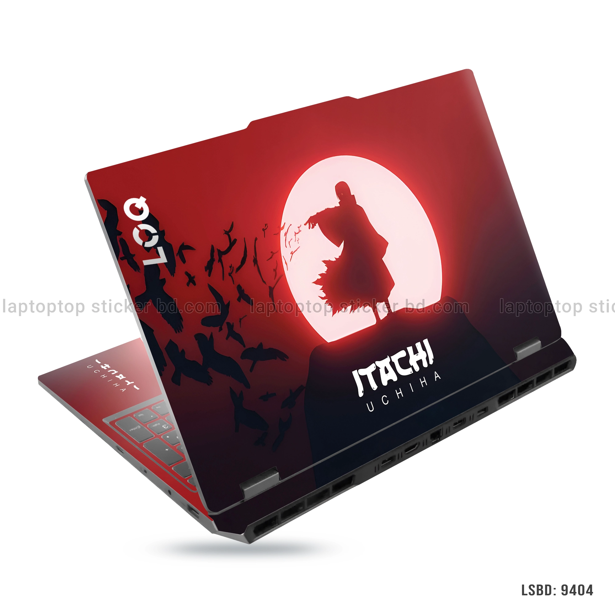 Itachi Uchiha laptop sticker with red and black design, featuring Itachi from Naruto