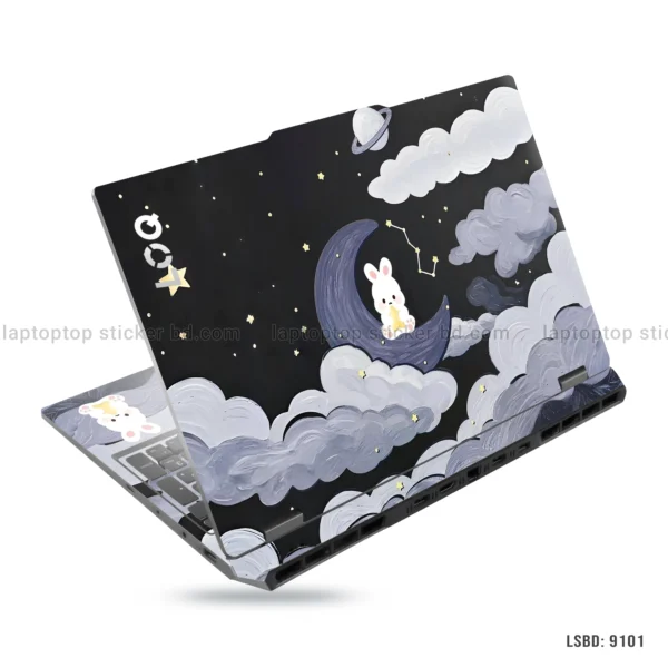 Bunny and moon laptop sticker with clouds and stars design