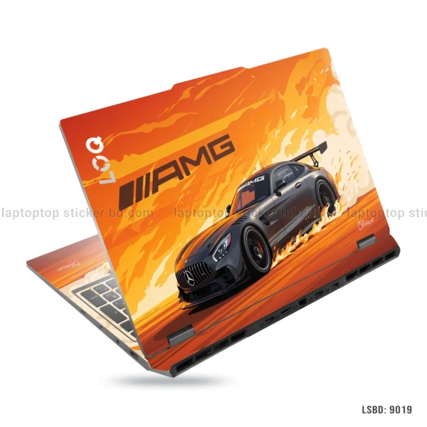 Mercedes AMG GT laptop sticker with dynamic orange and black design