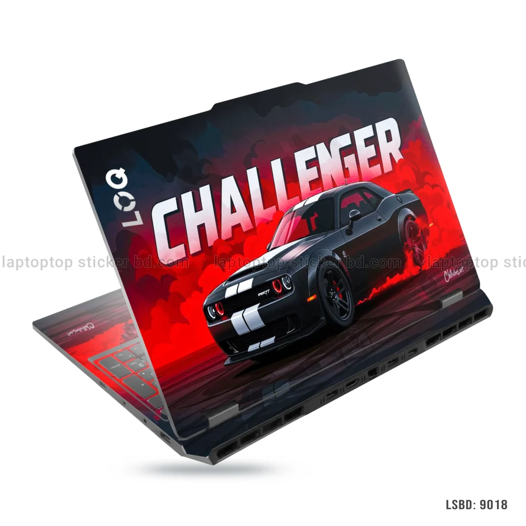 Dodge Challenger SRT laptop sticker with bold black and red design