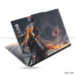 Dark knight with flames laptop sticker featuring intense battle-ready design