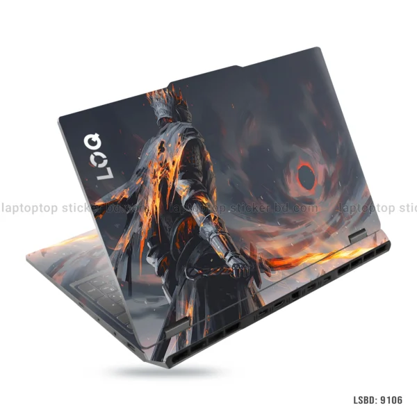 Dark knight with flames laptop sticker featuring intense battle-ready design