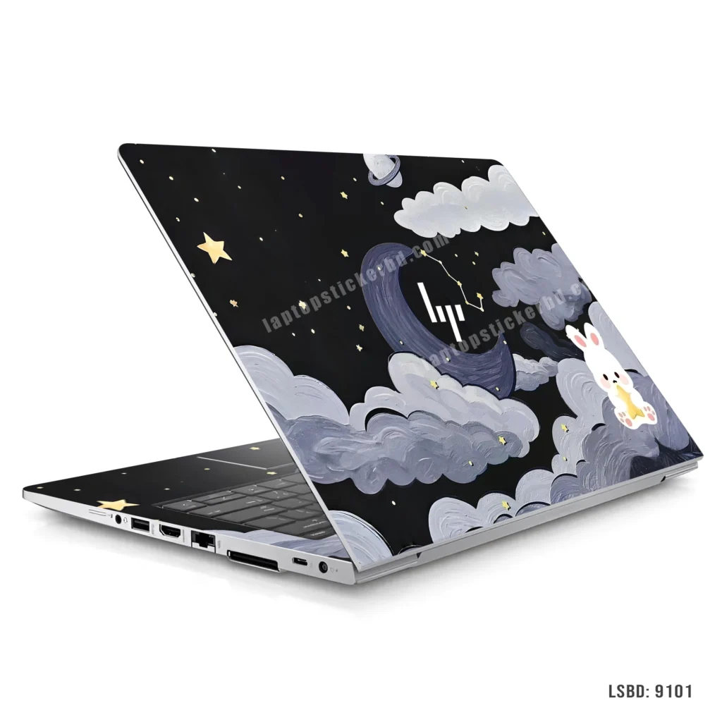 Bunny and moon laptop sticker with clouds and stars design