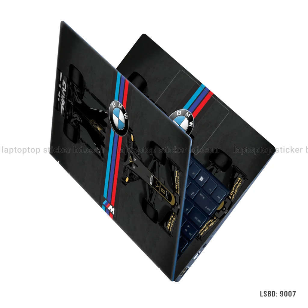 BMW F1 racing car laptop sticker with M stripes design