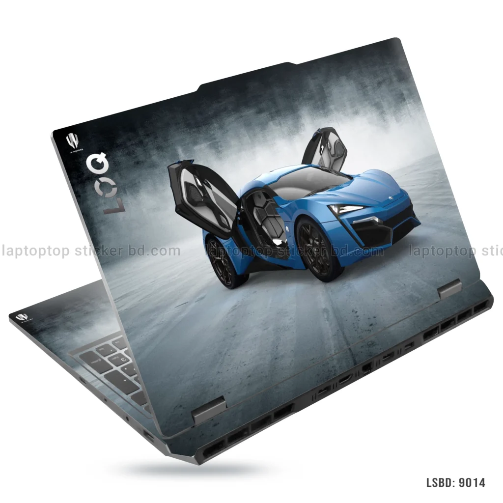 Blue W Motors Lykan HyperSport laptop sticker with gullwing doors design