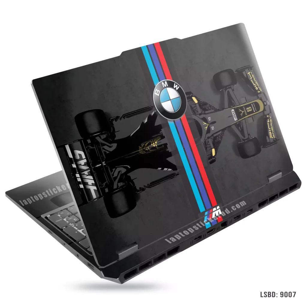 BMW F1 racing car laptop sticker with M stripes design