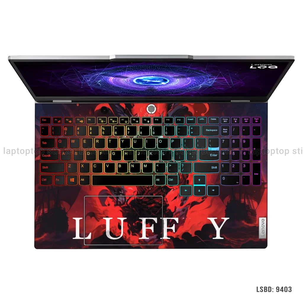 Luffy from One Piece laptop sticker with fiery design