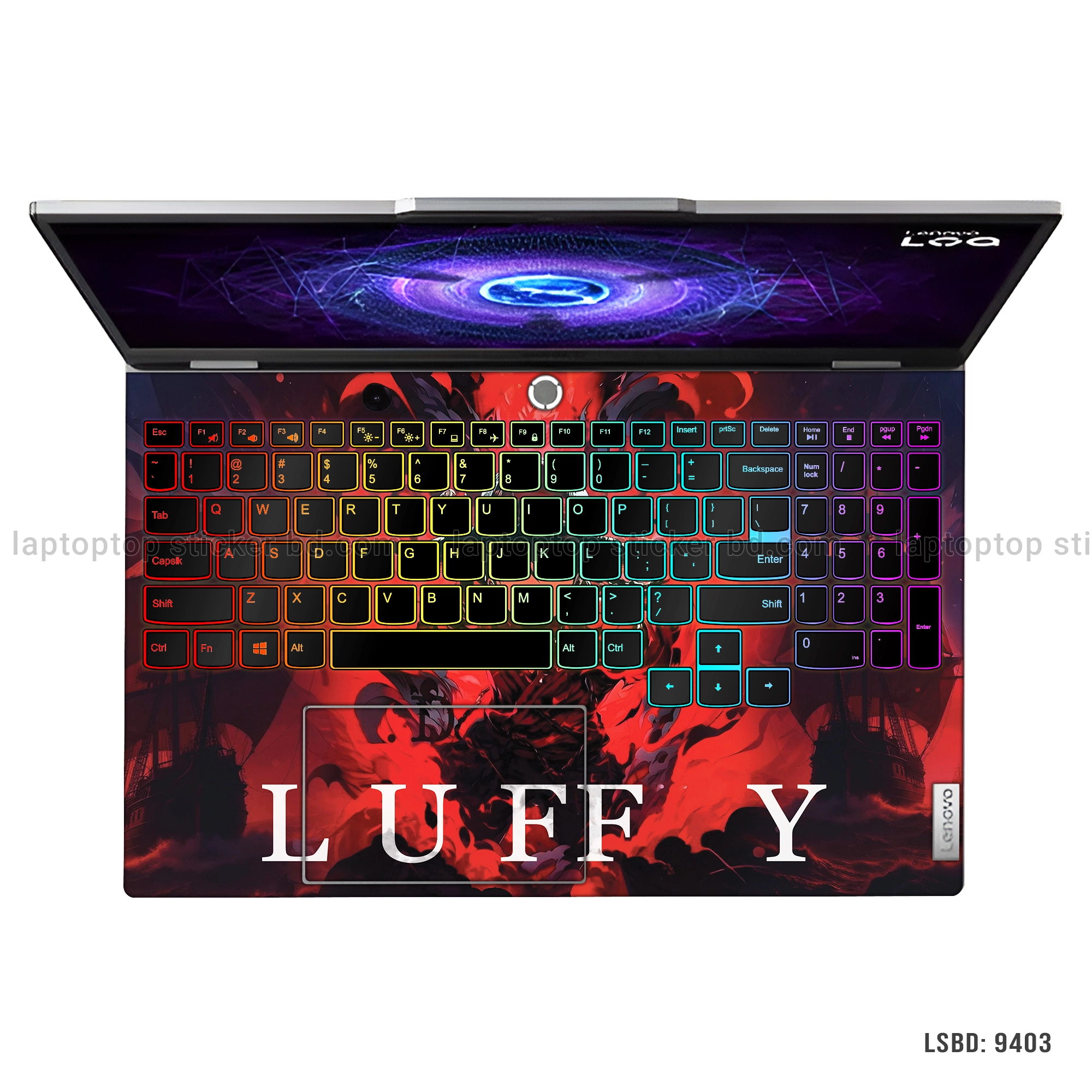 Luffy from One Piece laptop sticker with fiery design
