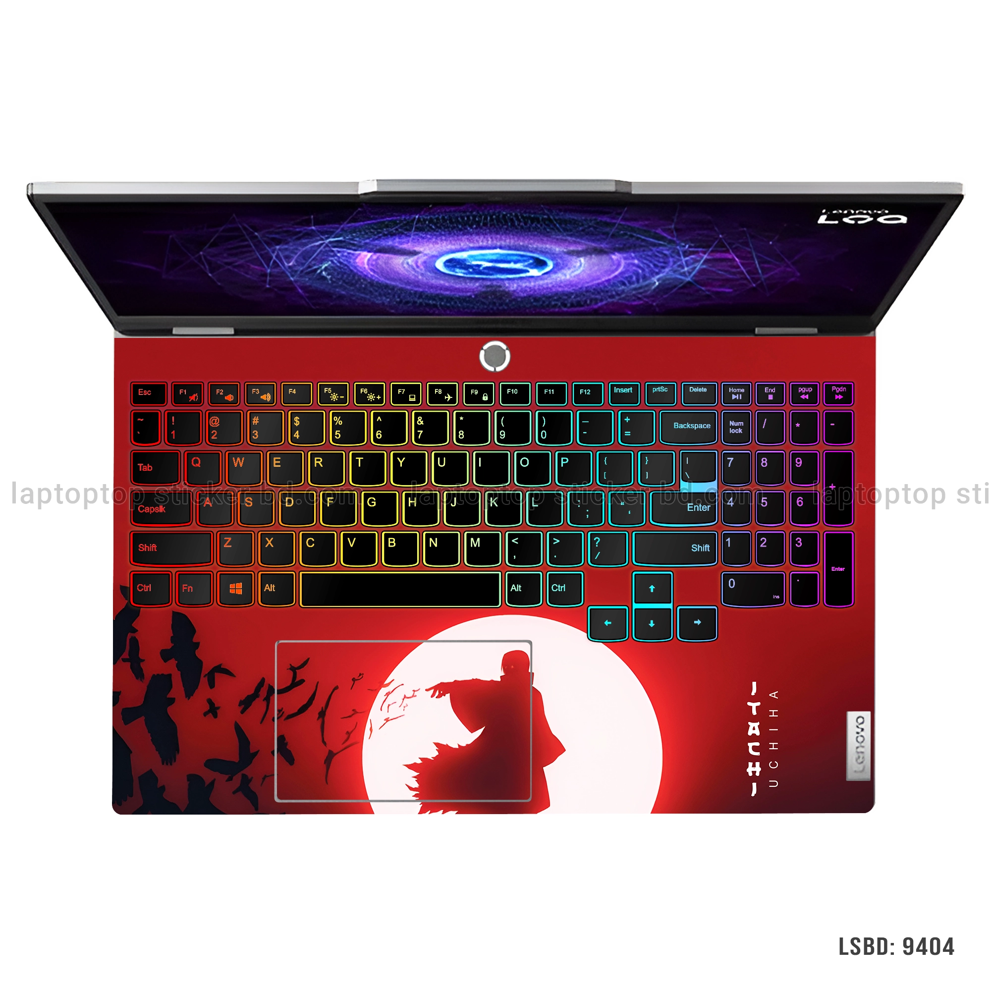 Itachi Uchiha laptop sticker with red and black design, featuring Itachi from Naruto