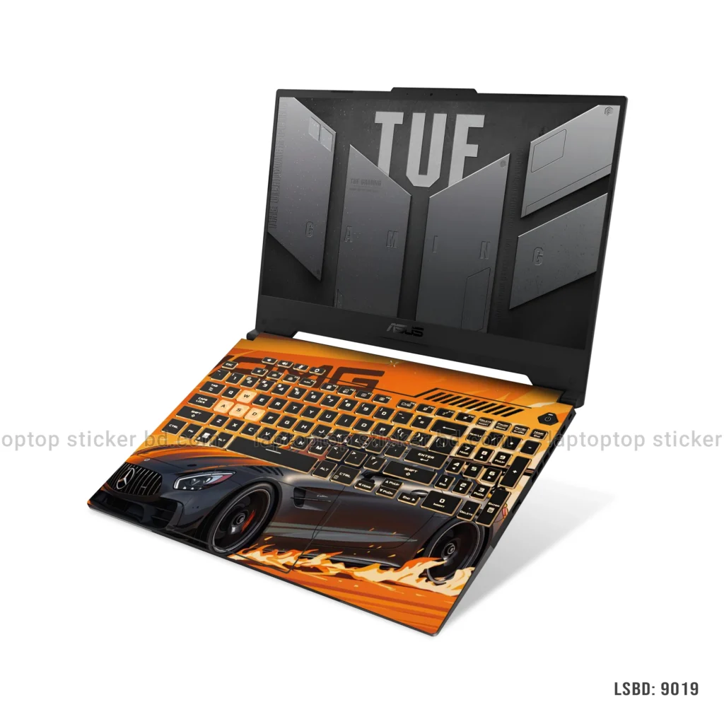 Mercedes AMG GT laptop sticker with dynamic orange and black design