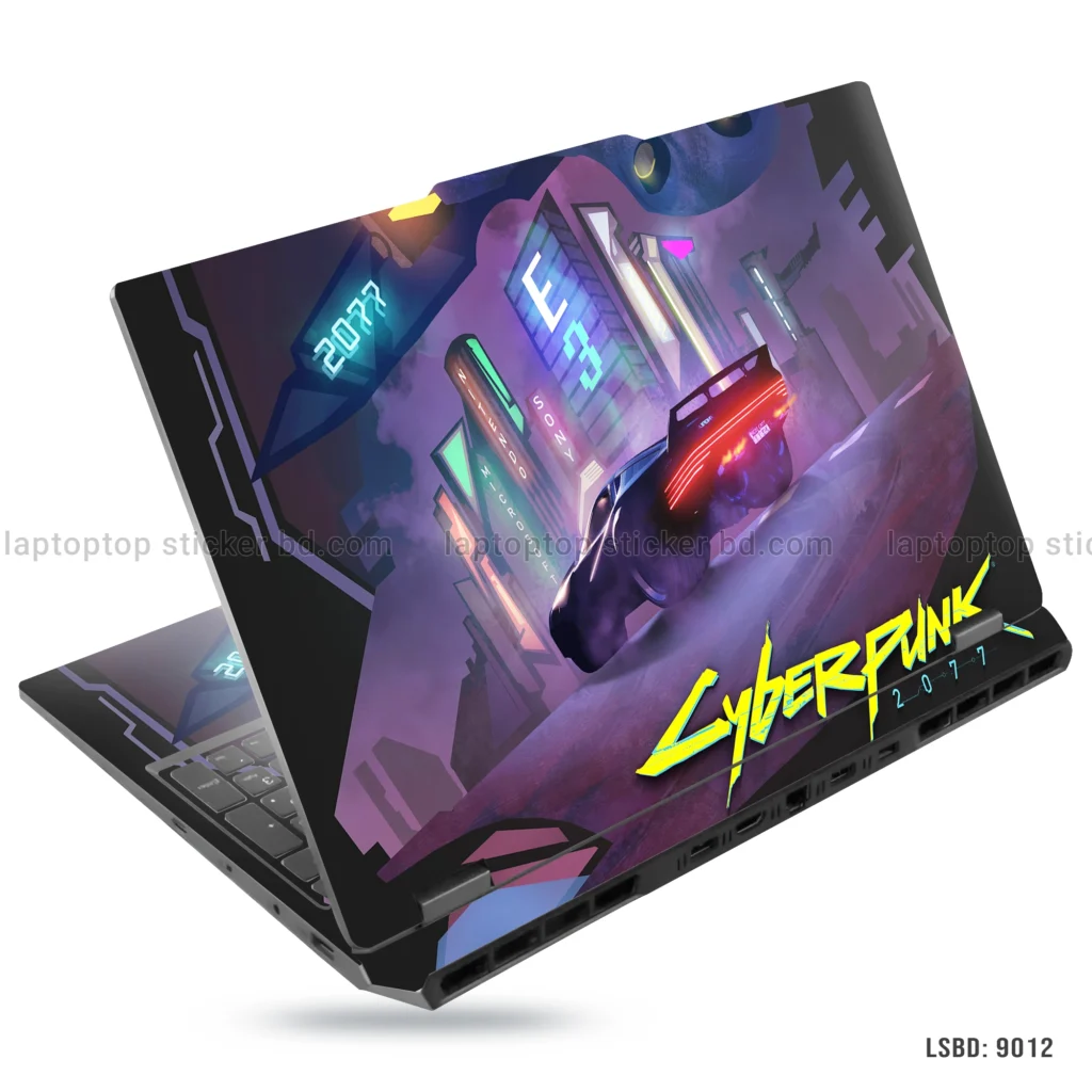 Cyberpunk 2077 gaming car laptop sticker with neon city design