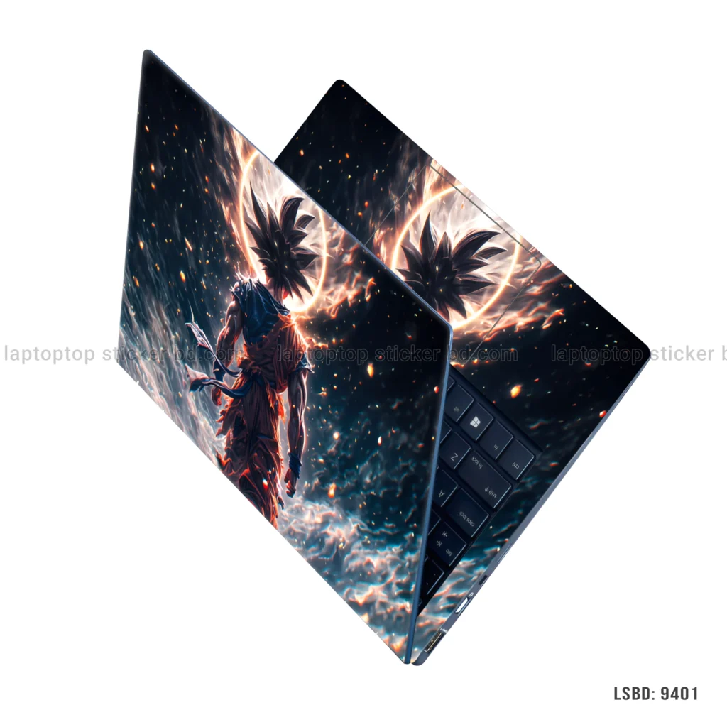 Goku Super Saiyan laptop sticker featuring intense energy and battle-ready design