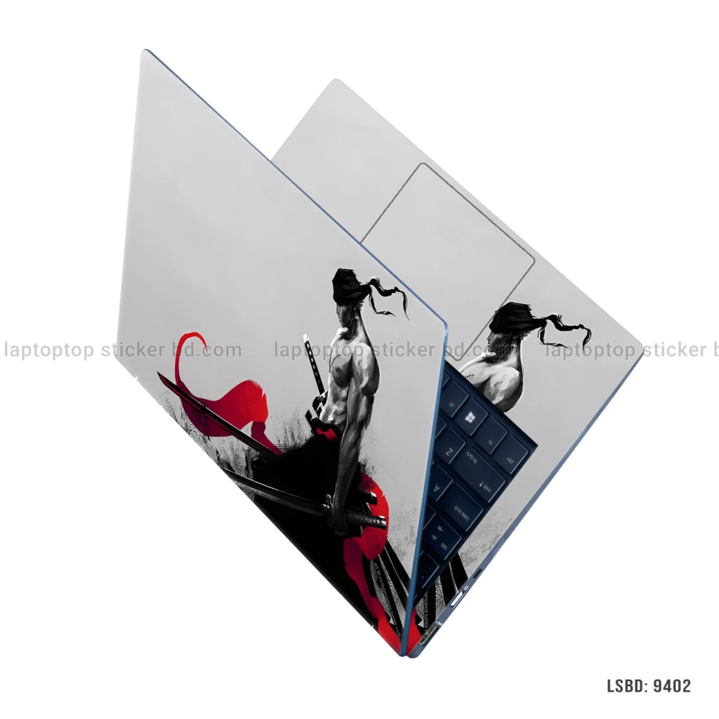 Samurai warrior laptop sticker with dynamic red and black design