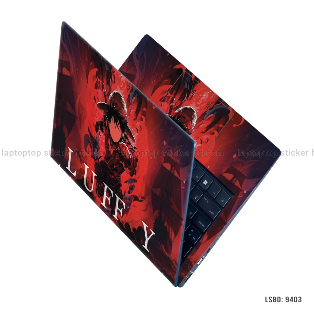 Luffy from One Piece laptop sticker with fiery design