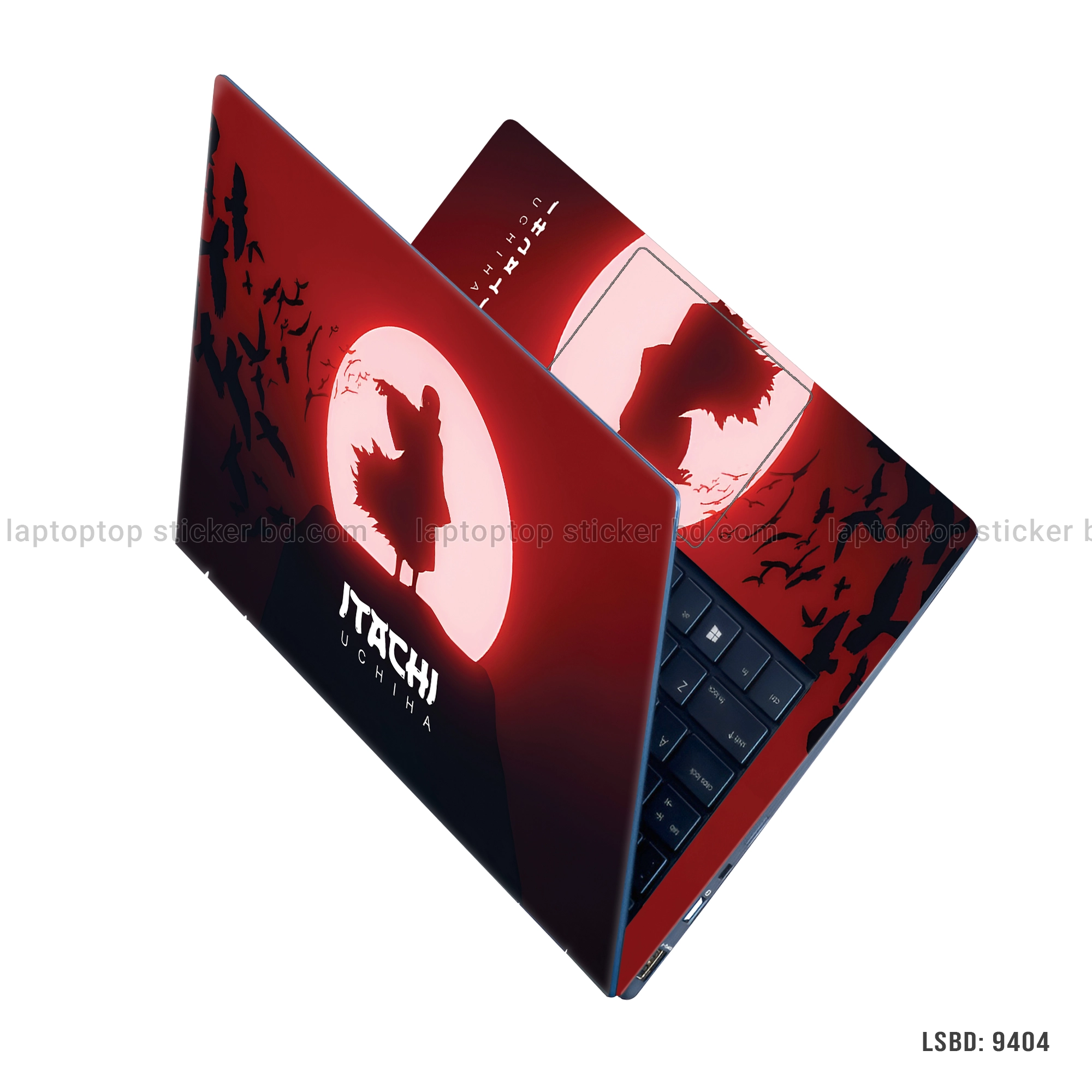 Itachi Uchiha laptop sticker with red and black design, featuring Itachi from Naruto