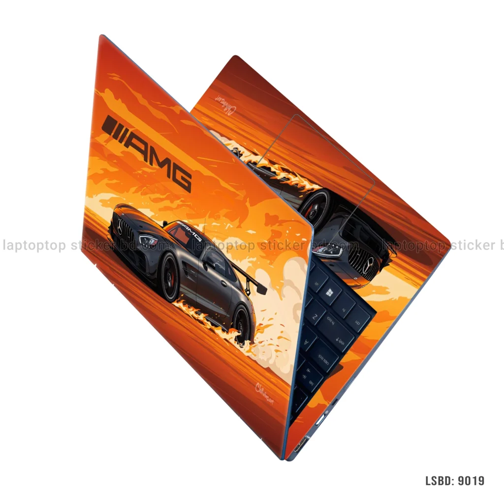 Mercedes AMG GT laptop sticker with dynamic orange and black design