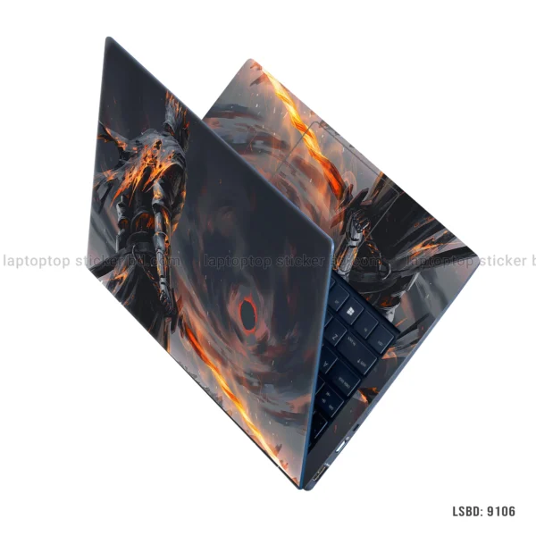 Dark knight with flames laptop sticker featuring intense battle-ready design